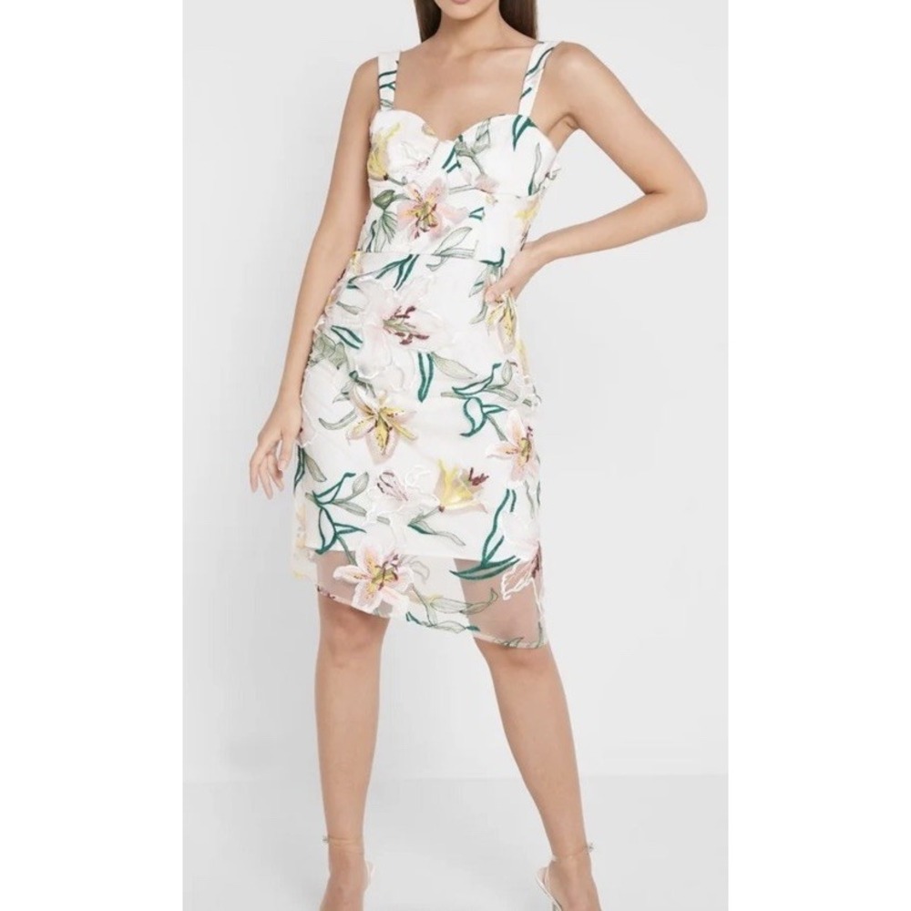 Chi Chi London Floral Embroider Mini Dress‎ Sheer Mesh Sweetheart Asymmetric S